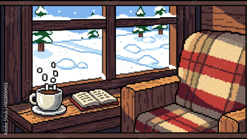Steaming cup of coffee and book resting on a wooden windowsill inside a cozy cabin with a view of a snowy winter forest landscape