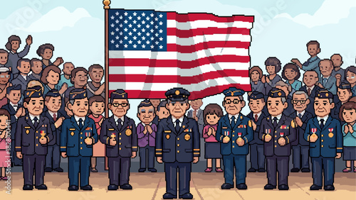 Pixel art illustration of decorated military veterans standing proudly with medals in front of a large national flag during a patriotic ceremony with a cheering crowd