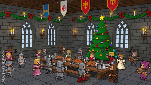 Festive medieval Christmas banquet scene with pixelated knights and ladies feasting in a decorated castle hall with a Christmas tree