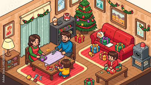 Pixel art family wrapping Christmas presents together in a cozy, decorated living room with a festive tree, an isometric retro video game style illustration for the holidays