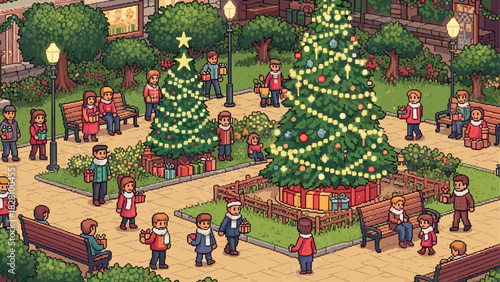 Pixel art Christmas town square scene with many people celebrating the winter holiday, exchanging gifts around large decorated trees with glowing lights