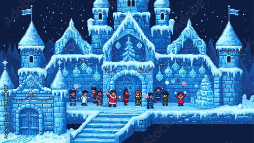 Grand pixel art ice castle covered in snow and icicles, with festive holiday decorations and people celebrating on a magical winter night