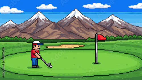 Pixel art illustration of a golfer putting on a green with a red flag, set against a beautiful mountain landscape in a retro 8-bit video game style on a sunny day