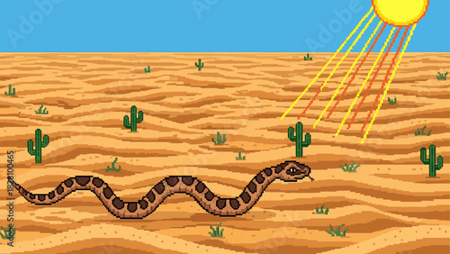 Pixel art rattlesnake with brown spots slithering through a hot desert landscape with cacti and a bright sun, in a retro 8-bit video game style illustration