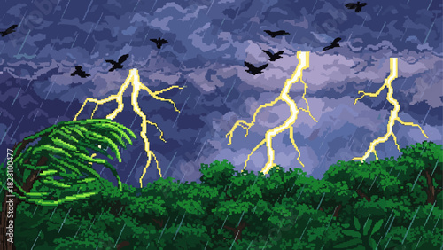 Pixel art illustration of a dramatic thunderstorm with bright yellow lightning striking over a green forest as birds fly through the heavy rain and wind in a retro 8-bit video game style