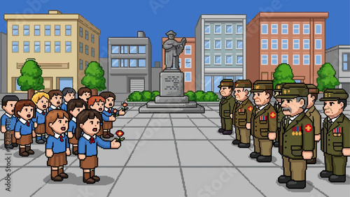 Pixel art scene of schoolchildren in uniforms giving flowers to military veterans during a solemn remembrance ceremony in a city square with a monument