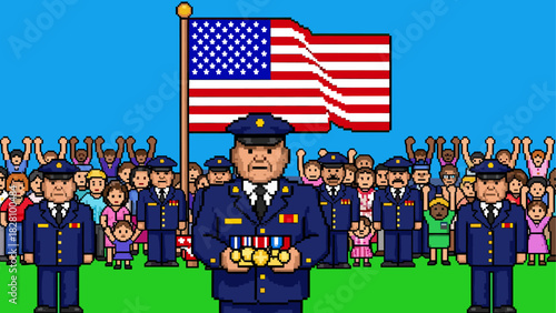 Pixel art military officer holding medals stands proudly before a cheering crowd and a national flag during a public ceremony in a retro 8-bit video game style