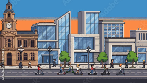 Detailed pixel art illustration of a bustling city street with diverse people riding electric scooters and pedestrians walking past modern and historic architecture
