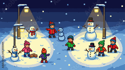 Charming pixel art winter night scene with children building snowmen and playing in the falling snow under glowing streetlights in a cozy, festive atmosphere