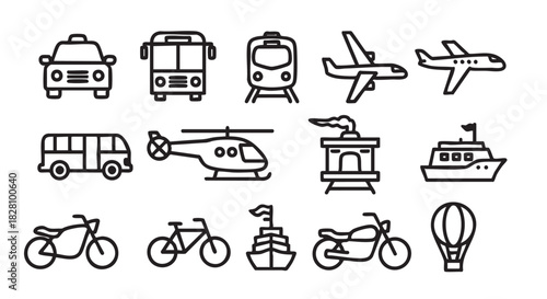 Collection of transportation icons in minimalist black and white design illustration