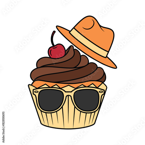 Cupcake Mascot Character Vector with Sunglasses and Fedora Hat.eps