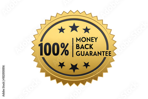 Gold 100% money back guarantee badge with stars, isolated on white background