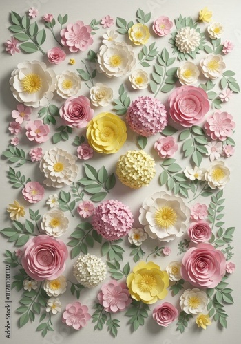 Colorful paper flowers and green leaves art. Beautiful springtime floral craft. Decorative background for Mothers Day and Easter.