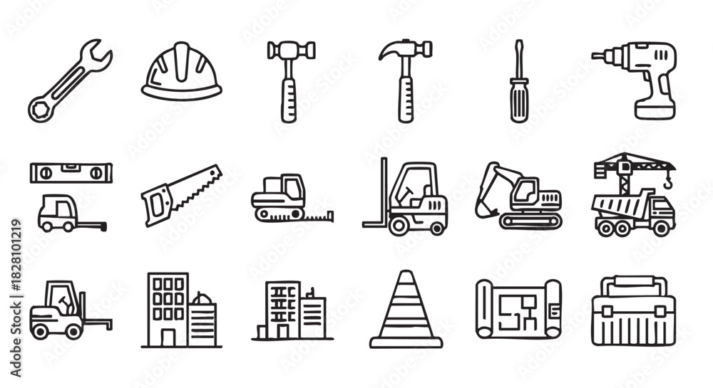 Obraz premium Construction and building industry icons depicting tools machinery and buildings