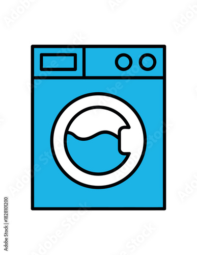 A blue washing machine with a round door is depicted in a clean illustration.