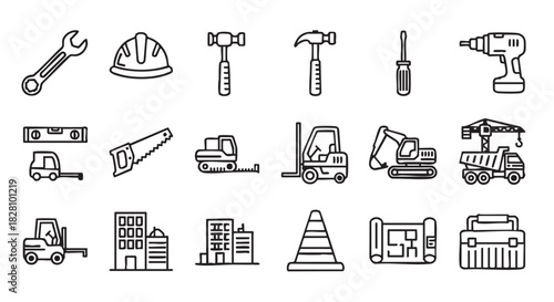 Construction and building industry icons depicting tools machinery and buildings