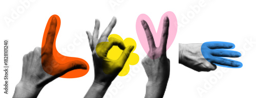 Collage human hands in dotted pop art style make word  LOVE with Gestures. Love Hand Sign Language with Colorful Halftone Dot Art Graphics for Wedding card, Valentine’s day Posters or LGBT Pride banne