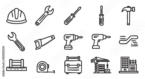 Construction tools line icons set isolated on white background vector illustration