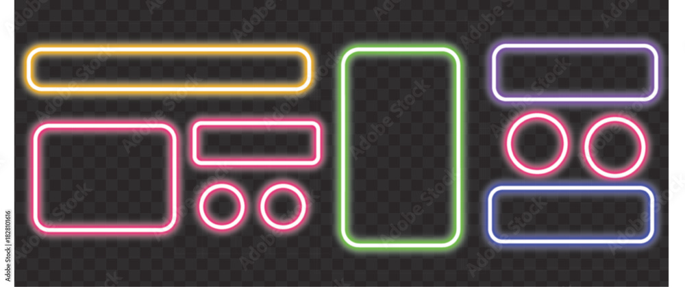 Obraz premium Neon frame illustration set, colorful glowing rectangular and circular border elements for modern digital artwork, social media templates, poster design, and futuristic graphic projects