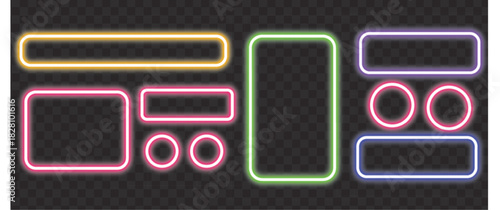 Neon glowing frame shape set design featuring colorful rectangular and circular border elements perfect for modern digital artwork templates.