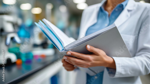 Scientist holding published journal with first-author paper, lab equipment softly blurred, pride and perseverance, with copy space