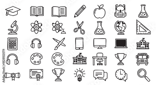 Education learning and academic achievement icons collection in black line design