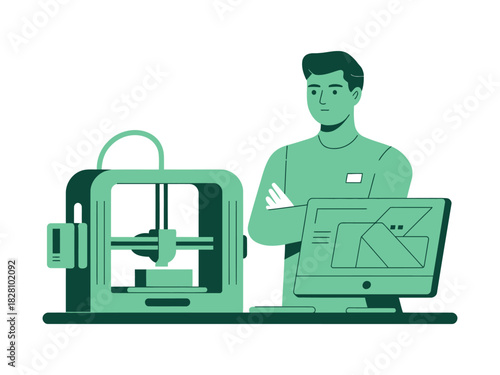 A man stands next to a 3D printer and a computer displaying a design.