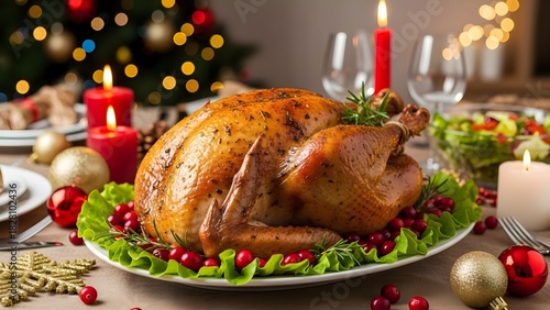 Traditional Roasted Turkey Christmas Dinner on a Festive Holiday Table.