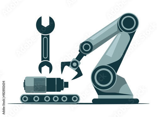 A robotic arm is used to assemble a component on a conveyor belt with a wrench nearby.