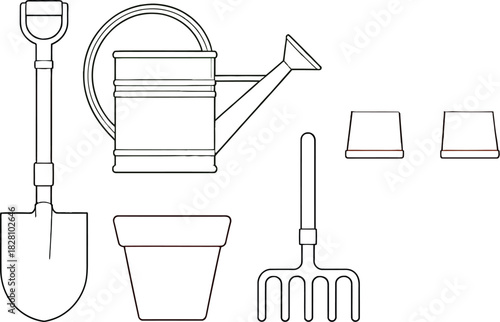 Garden tools and pots are arranged for planting flowers and vegetables