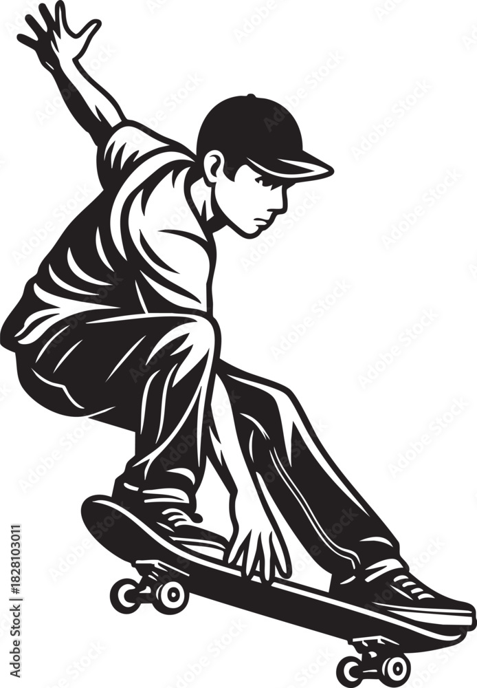 Fototapeta premium Black and white illustration of a young man skateboarding with one arm raised.