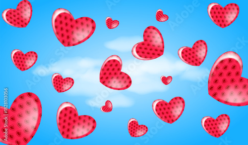 Blue sky, white clouds and voluminous red hearts