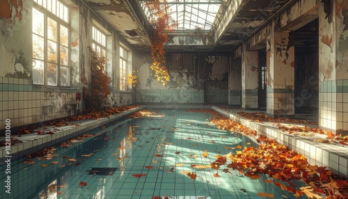 Sunlit Abandoned Indoor Swimming Pool Overrun by Autumn Foliage