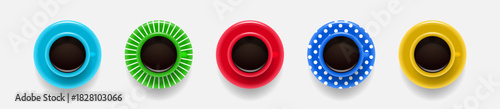 Set of color coffee cups. Top view. Vector objects