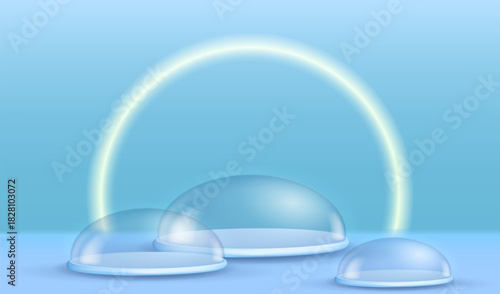 Realistic stage with glass domes and glowing arch