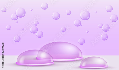 Realistic stage with soap bubbles and glass domes