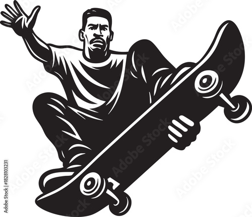 Dynamic black and white illustration of a male skateboarder performing a trick, with one hand raised and the other holding the board, in a bold graphic style.