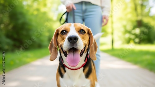 Fototapeta Naklejka Na Ścianę i Meble -  Happy beagle dog on leash walking with owner in park