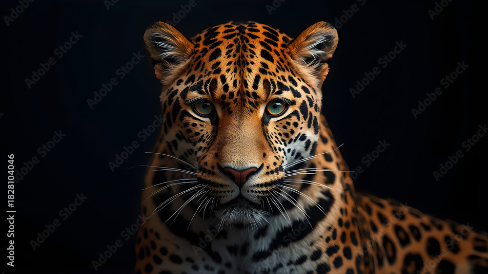 Fototapeta premium Leopard Face Close-Up with Green Eyes and Dramatic Lighting – Detailed Fur Texture on Dark Background