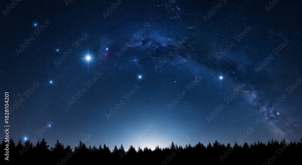 Fototapeta premium Deep Blue Christmas Night Sky with Stars and Pine Silhouettes. dark blue night sky background filled with sparkling stars and a subtle milky way. At the very bottom edge, a black silhouette