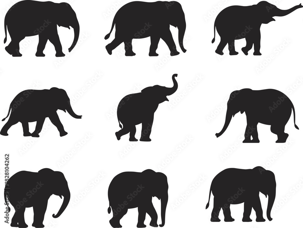 Fototapeta premium Majestic Black Elephant Silhouettes Collection, Vector Graphics Set, African and Asian Wildlife Icons, Minimalist Animal Logo Elements, Bold Dark Shapes, Isolated 