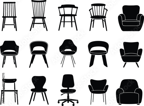 Diverse Furniture Silhouette Collection, High-Contrast Black Chair Vector Set, Graphic Icons, Modern, Mid-Century, Office, Armchair, Dining Seating, Interior Design Elements, Adobe Stock.