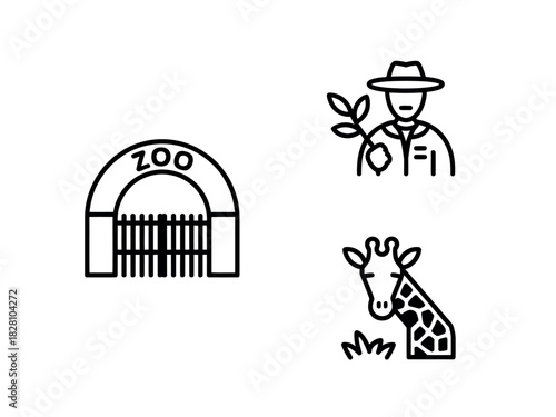 An illustration depicts a zoo entrance, a zookeeper, and a giraffe in a simplistic line art style.