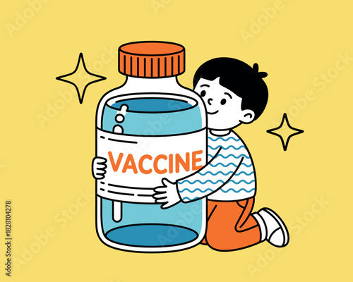 A child hugs a large bottle labeled "Vaccine" with sparkling stars around them.