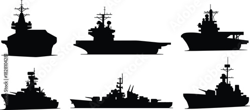 Modern Military Naval Ship Silhouettes Collection, Detailed Vector Outline Set, Aircraft Carrier Battleship Cruiser Icons, Defense and Maritime Power Symbols, Bold Dark Shapes, Isolated 
