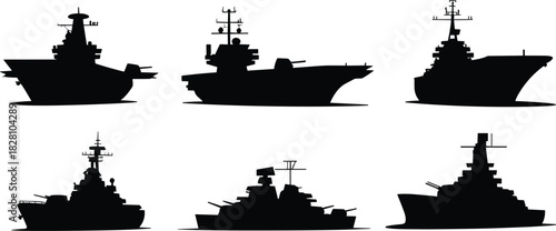Naval Military Warship Silhouettes Collection, Detailed Vector Graphics Set, Destroyer Battleship Carrier Icons, Maritime Defense and Fleet Symbols, Bold Dark Shapes, Isolated 