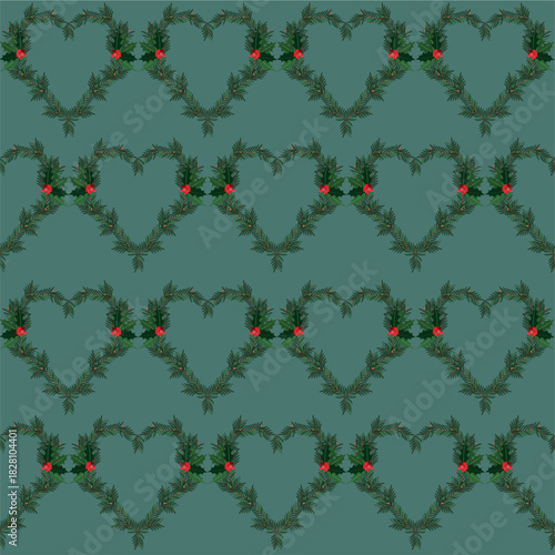 Merry Christmas & Happy New Year banner Christmas tree heart shaped seamless pattern on green, holly design element stock vector illustration for web, for print, for fabric print, for wrapping paper