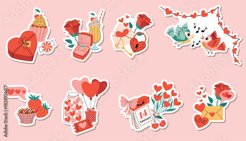 Bright still life stickers set featuring rose, songbird, gift box with heart balloon, milkshake, cupcake, strawberry, cherry and heart letter arranged in cute compositions.