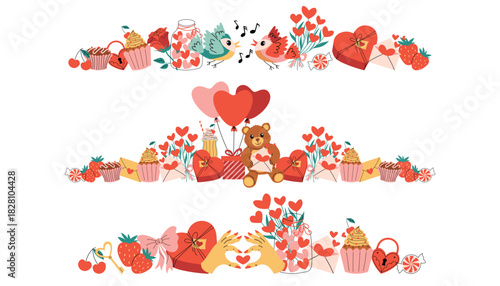 Bright festive still life border featuring teddy bear, rose, songbird, gift box with heart balloon, milkshake, cupcake, strawberry, cherry and heart letter arranged in a layout for Valentine design.