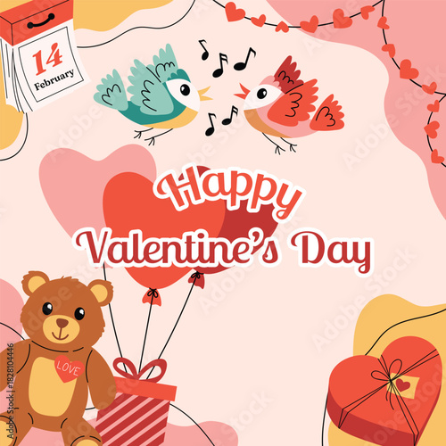 Colorful Happy Valentines Day greeting card with bold text, organic shapes, songbird couple, teddy bear with gift box and heart balloon, heart gift, garland and calendar element.
